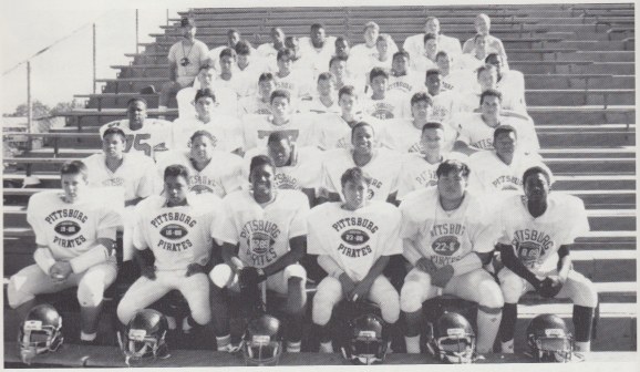 Frosh team (1990). Top row (left to right): Coach M. Laurie, S. Meltzenheimer, L. Johnson, J. Jack, S. Burks, M. Roberts, Coach Ahonen. Sixth row: R. Navarro, E. McGee, M. Johnson, B. Laurie, J. Brinkman, M. Tafoya. Fifth row: N. Medina, L. Bazan, J. Khams[?]vone, O. Baluyut, M. Johnson, J. Matthews. Fourth row: E. Fisher, B. Bondoc, F. Jimenez, P. Gonzalez, G. Talmore, M. Johnson. Third row: J. McLennan, C. Ramirez, C. Cornejo, J. Matthews, J. Rubio, R. Garcia. Second row: S. Jaromay, J. Love, C. Boxley, B. Evers, D. Beshears, I. Shivers. First row: D. Wiese, Z. Pierce, J. Edwards, W. Perez, V. Lee, L. Hearns.