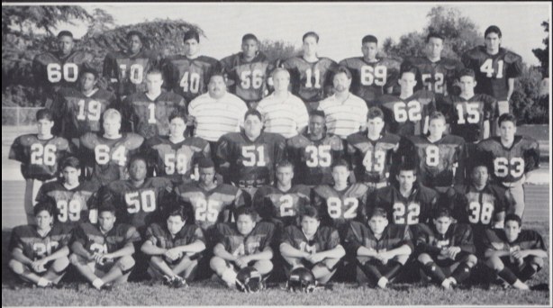 Frosh team (1991). Top Row (L to R): Billy Tucker, Casey Threats, Almar Ahad, Marcus Fields, Gabe Rios, Harris Ross, Joe Palero, Michael Barnes. Second Row: Andrew Goodlow, Frank Striplin, Coach Ed Torrez, Coach Steve Ahonen, Coach Mark Lawrie, Jeff Harbison, David Atencio. Third Row: Brendinn Morandin, Derek Gusoskey, Ross [?], Vidal Garcia, Amon Kyles, Jason Adams, Larry Rezentes, Zack Lane. Fourth Row: Carlos Bazon, Maurice Hodges, Randy Taylor, Jamaal Easter, Tuong Ho, Juan Clara, Charles Callaway. Fifth Row: David Lujan, Fred Wright, Francisco Perez, Ignacio Flores, David Riddle, Eric Quesada, Joe Bermudez, Thomas McDonald.