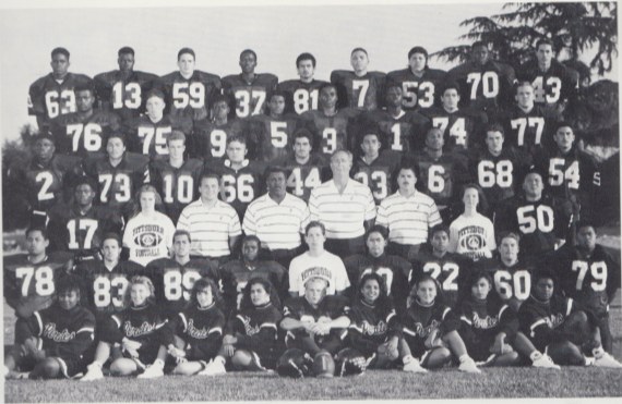 JV team (1991). (Left to Right) Top Row: Jamarr Snipes, Chris Boxley, Jason Brinkman, Eric McGee, Luis Duenas, Skip Beshears, Jared Rubio, Jumaane Edwards, Mike Tafoya. Second Row: Sam Belete, Mike Johnson, Windell Johnson, Cy Simonton, Jesse Clark, Lu Hearns, Chris Cornejo, Marty Roberts. Third Row: Jamie Jack, Antonio Reyes, Bret Lawrie, Frank Villa, Jeff Madriaga, Paul Gonzalez, Billy Evers, Shane McAlister, Ed Fischer. Fourth Row: Billy Polk, Karen Goble (stats), Coach Paul Orlando, Coach George Taylor, Head Coach Al Bonanno, Coach Vince Ferrante, Becky Nearing (stats), Vuong Le. Fifth Row: Ara Lacanglacang, Jeff Jimenez, Chad Clevenger, Ron Tubbs, Steve Conner (manager), Wayne Isaac, Marc Andaya, Steve Burks, Rambert Valles. Bottom Row: Jennifer Harris, Santina Grillo, Colleen Fogarty and Monica Marin (cheerleaders), James Oxford, Sofia Rosalez, Michelle Johnson, Erika Clara, Desiree Adams (cheerleaders).