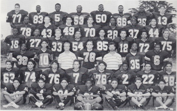 Frosh team (1992). Bottom Row (Left to Right): Brandon Poucy, Frank Narez, Mario Arias, Leslie Roberts, Victor Aviles, Jason Riley, Luis Arriola. Second Row: Tim Rodriguez, Eduardo Martinez, Cameron Juslin, Jimmy Shipe, Ramon Alvidrez, Anthony Gaines, Chris Cordero, Selius Zuniga. Third Row: Michael Lowe, Simon Tafoya, Coach Steve Ahonen, Adam Lopez, Coach Mark Lawrie, Johnnie Modica, Antonio Hygh. Fourth Row: Saleem Mahdi, George Jordan, Jeff Coburn, Daniel Guyse, Jose Castillo, Jose Vasquez, Arturo Fernandez, Michael Russo. Fifth Row: Donale Cleamons, Jeff Ong, Dustin Twitchell, Kevin Maloney, Ty Carter, Shannard Harts, Joey Tafoya. Top Row: Vincent Gargalikis, Thomas Lynch, Marcus Earl, Mike Combs, Devlon Davis, Edward Manley, Edward Burks, Nick Gaitano.