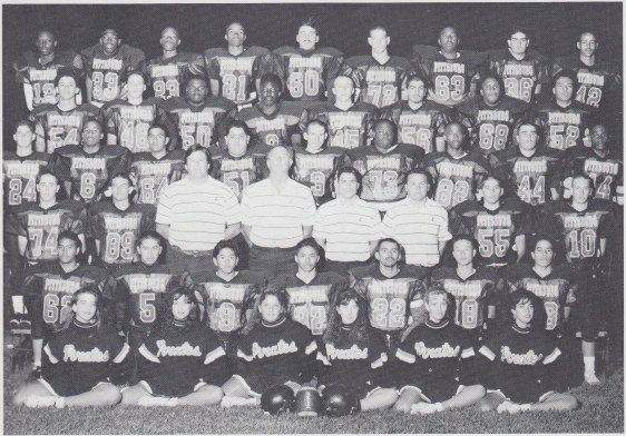 JV team (1992). (Left to Right) Top Row: Lamont Busby, Jumaane Edwards, Marion Brown, Jesse Clark, Dan Stice, Ken Cable, James Thompson, Michael Barnes, Jonathan Osario. Second Row: Jesus Partida, Ethan Fabela, Antonio Fulgham, Amon Kyles, Frank Striplin, Almar Ahad, Marcus Fields, Joe Palero. Third Row: Brendinn Morandin, Billy Evers, Luis Mendoza, Vidal Garcia, David Atencio, Maurice Hodges, Delvin Lyles, Paul Amaral, Billy Polk. Fourth Row: Ron Brown, Jason Shulte, Coach Mike Avriett, Head Coach Al Bonanno, Coach Vince Ferrante, Coach Paul Orlando, Eric Quesada, James Hosking. Fifth Row: Marc Andaya, Wayne Isaac, Noel Lounsburry, Don Kosht, Juan Clara, Tuong Ho, Miguel Ramirez. Bottom Row: Jennifer Wharton, Camille Billeci, Jennifer Shipe, Lesley McKune, Amy Cahoon, Leticia Ramirez (Cheerleaders).