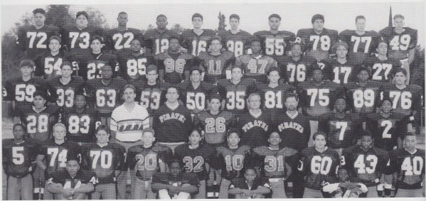 Frosh team (1993). Top Row, L-R: Mike Fonongak[?]a, Nick Medina, Derrell Lewis, Jharan Finch, Tim Seeno, Bill McAlister, Mel Ugaitafa, Anthony Jiminez, Jim Goble, Brandon Smith. 2nd Row: Chris Tellez, Steve Serna, Damien Robinson, Prynca Braggs, Jason Guerrero, George Carrol, Eric Roy, Brodie Rhoden, Nick Gaunt. 3rd Row: Mike Patton, Rocky Hill, Steve Young, Brian Carmichael, John Cornejo, Kenny Gibson, Marcus Cisneros, Tyree Turner, Daniel Trammel, Abdullah A[?]usafeih. 4th Row: David Navarro, Jevon Sanford, Coach Gary Young, Coach Mike Orlando, James Olmstead, Coach Steve Ahonen, Coach Mark Lawrie, Ron Spears, James Ratliff. 5th Row: Ken Simonton, Steven Marlar, Chris Morello, Brian Coburn, George Monterrey, Casey Bondoc, A[?]esh Kishor, Jason Beck, Trevor Hamlin, Carlos Warren. Sitting: Rolando Francisco, Glenn Banks, Trammel Pree, Maurice Lawson.