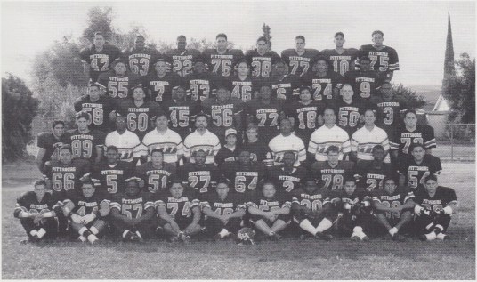 Varsity team (1993). Front Row: Bret Lawrie, Paul Amaral, Jeremy McLennan, Vidal Garcia, Wayne Acuna, Steve Burks, Tyrell Evans, Paul Gonzalez, Luis Mendoza, Eric Quesada. Second Row: Ara Lacanglacang, Cy Simonton, [?]oung Le, George Jordan, Maurice Hodges, Amon Kyles, Scott Van Fossen, Lu Hearns, Eddie Fischer. Third Row: Gabe Hodges, Ken Cable, Coach Lenny Davis, Coach Sam Quinones, Head Coach Herc Pardi, Sam Quinones Jr., Brian Wilson, Coach Donald Ray Hines, Coach Jerry Haflich, Coach Joe Aliotti, Adam Lopez. Fourth Row: Charlie Ramirez, Jesus Partida, Casey Threats, Marcus Fields, Devlon Davis, Almar Ahad, Marty Roberts, Jesse Clark. Fifth Row: Jared Rubio, Duqueane Beshears, Jumaane Edwards, Ethan Fabela, Saleem Mahdi, Jonathan Osorio, Chris Boxley. Sixth Row: Mike Tafoya, Jamaar Snipes, James Battles, Mike Giambona, Mike Barnes, Vincent Gargalikis, Simone Tafoya, Josh Simes.