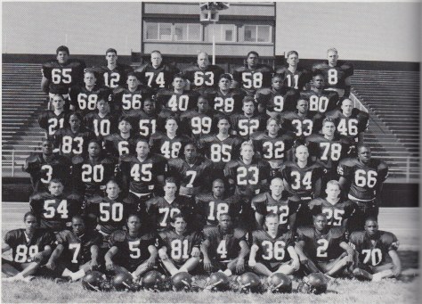 Varsity team (1996). Top Row: Anthony Jimenez, Tim Seeno, James Goble, Ryan Ponce, Doug Whiting, Jason Guerrero, Brandon Smith 2nd Row: David May, Sal Congilio, Nick Solis, David Navarro, Jhran Finch, Kerry Braggs 3rd Row: Steve Serna, Dan Matsumura, Tyree Turner, Glen Fortenberry, Abdullah Abu-Safieh, Robert Mixon, Harlen Burgett 4th Row: Derrick Daniels, Casey Bondoc, Steve Jones, Carlito Bareng, Chris White, Jason Beck 5th Row: Tommy Stallworht, Derrick Barret, Carlos Warren, Ronald Spears, Nick Sweickert, Marcus Cinceros, Nigel Vaughn 6th Row: James Eddy, John Cornejo, James Olmestead, Ron Duff, Nate Sther, Brian Coburn Bottom Row: Carl Harrison, Jerone Hart, Ken Simonton, Ratish Kumar, David Currie, Jason Fitch, Deshawn Alexander, Tyree Davis.