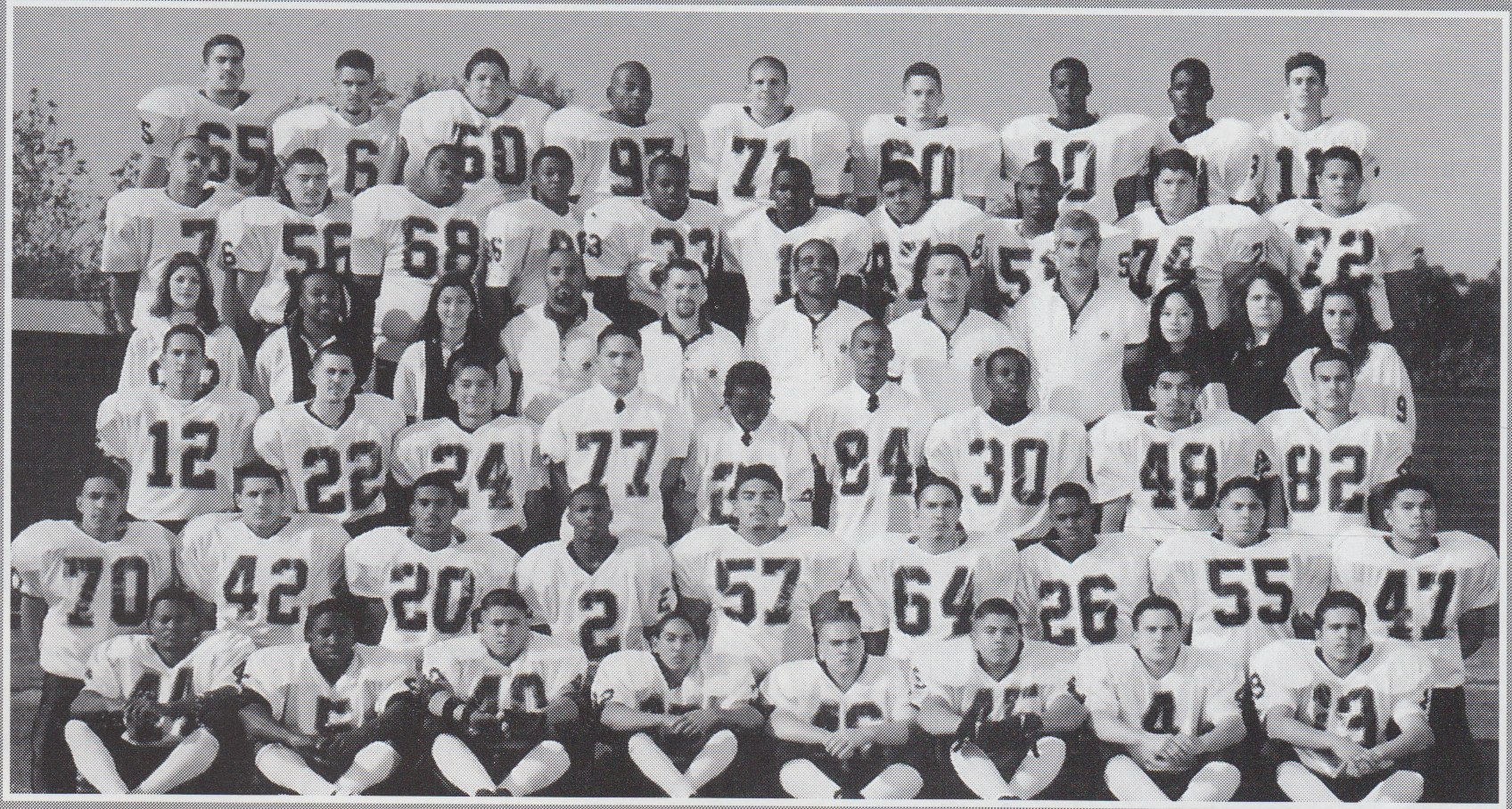 Varsity team (1998). Top Row: Walter Jimenez, Dominic Lamacchia, Louis Arroyo Jr., Durrell Archie, Matt Biles, Jeremy Bellardo, Bobby Edwards, Steven Brown, J. Paul Flores. 5th row: Joe Ortega, Bobby Belleci, Anwar Hughes, David Bernstine, Lamont Davis, Avion Burks, Sergio Alonzo, Jamel Vaughn, Joe Acrce, Augie Torres. 4rd row: Alisha Hart, Tara Robinson, Michelle Veesey, Coach Polk, Coach Rodglin, Coach Cockerham, Coach Orlando, Coach Abono, Tina-Marie Furgoli, Miss Clawson, Nicole Lamacchia. 3nd row: Brian Birdsell, Steven Spahn, Isiah Matsumura, Jeff Lafrades, Charles Greer, Marcus Henderson, Grovaheh Gbilia, John Hernandez, Jason Lafrades. 2nd row: John Guzman, Adolefo Sanchez, Marshon Parker, Jonathan Craig, Oscar Martinez, Arturo Fernadez, Elgim Lawson, Thomas Buccellato, Brian White. Bottom: James Jordan, Vernon Williams, Dario Castillo, Jason Duran, Ross Lawlor, Dan Castillo, Steven Jones, Arturo Garcia.