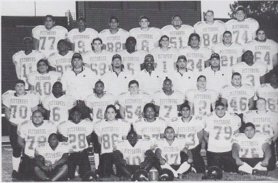Varsity team (2001). Top Row: Albert Toeania, Braxton Duffey, Tao Toeania, Vince S[?], Mario Duenas, William Collins, Johnathan Zerbini, 2nd Row: Eddie Cu[?] [?] Dargan, Dominick Dunaway, Brian Robinson, Joey Hart, Alex Toeania, Billy Gay, Daniel Buccelato, 3rd Row: Anthony Bazan, Coach Duke, [?] Coach Cockerham, Coach Alatorre, Coach Vargas, Jamar Hines, 4th Row: Wade Rodriguez, Ben Blackman, Steve Simonton, Dustin Albini, Keith [?] Justin Amaral, Joey Zeppa, Ronald Wright, Chris Houk, Eric Hubbard, Nicholas Ba[?], JR Ir[?], Alex Croskey, Last Row: Cedric Hunter, D[?] Mathis, Joshua Galamay, F[?] Tandinco