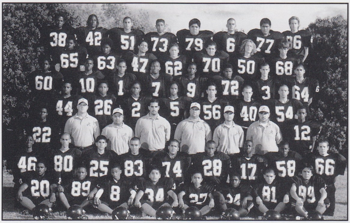 Frosh team (2003). Top Row: James Choice, Thomas Clark, Mario Rubio, Andy Guzman, Alberto Ruiz, Jose Rubio Jr., Arthur Toeaina, & Jared Tissot. 2nd Row: Khiry Moton, Jerrell King, Asa Vehikite, Kevin Holmberg, Chris Moreno, Andrew Shatswell, & Cody Burton. 3rd row: Calvin Holmberg, Alvin Harvy, Chris Alexander, Walter McDuffie, Kavon Braithwaite, Deron Kelly, Kraig Pifer, & John Rodriguez. 4th Row: James Caston, Maurice Moore, Toshani Brown, Kaury Maskhan, Josh Cannada, Josh Selph, &Frank Castillo. 5th Row: John Harrell, Coach Alan, Coach Fransisco, Coach Ramirez, Coach Anthony Shipe, Coach James Shipe, Coach Garcia, & Curtis Standley. 6th Row: Marcuz Hubbard, John Ortiz, Ruben Jimenez, Chris Fernandez, Lupe Gallegos, Chris Perry, Ryan Drummer, Eric Clark, & Niko DeBaca. Last Row: Daniel Jackson, Sam Shields, Gene Mollique, Daniel Garcia, Gabe Masinas, Warren Chillers, Otto Cruz, & Juan Pena.